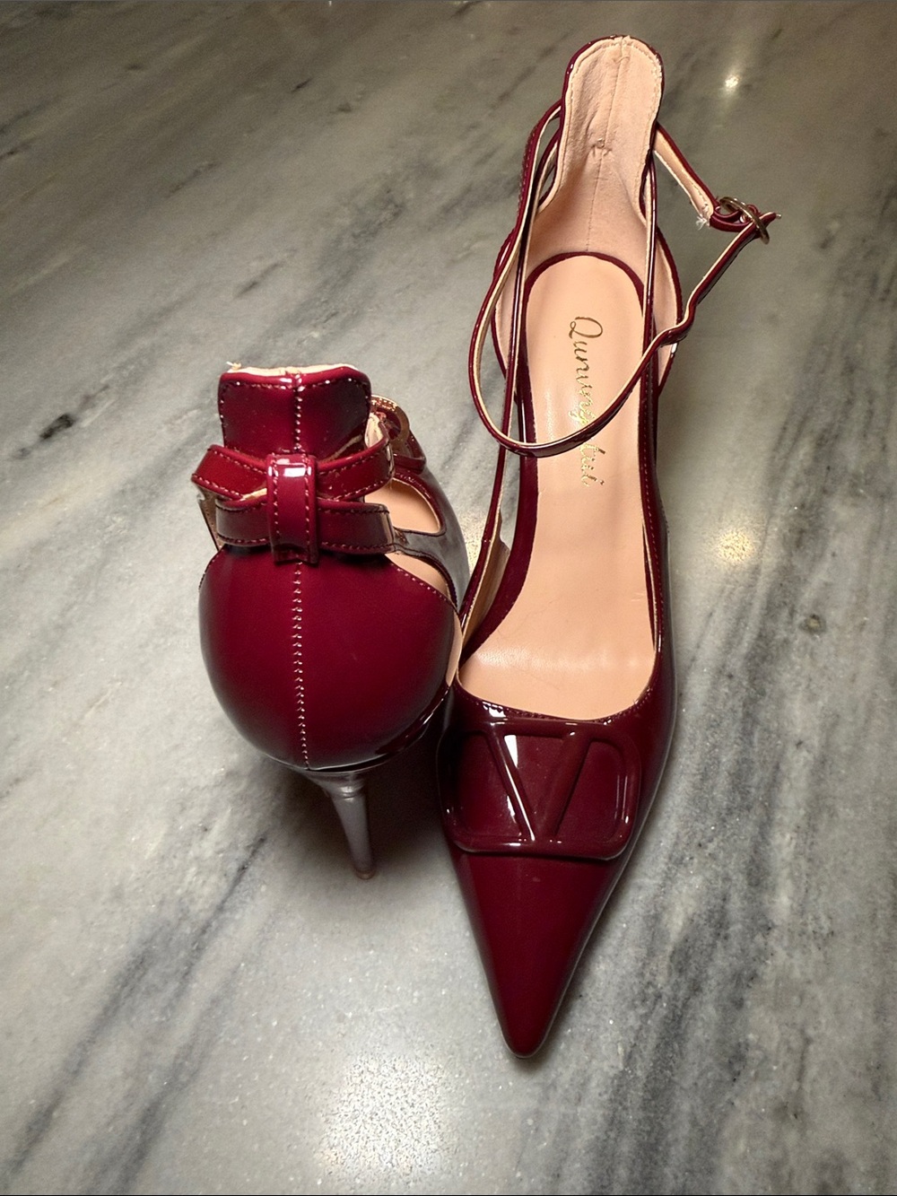 Aquazzura Bordeaux Patent Pointed-Toe V-Detail Ankle-Strap Heels